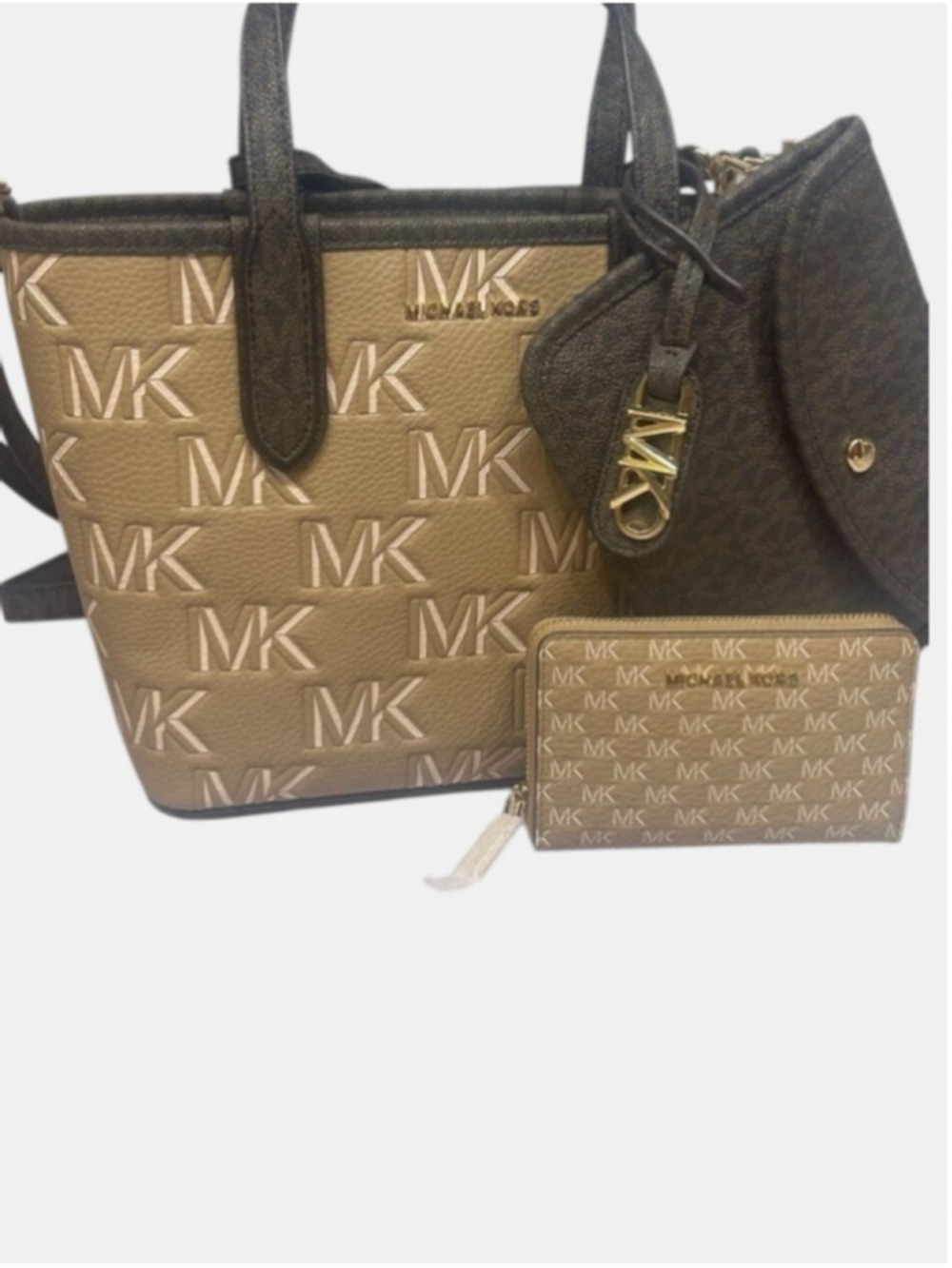 Michael Kors Eliza Small Embossed Tote & Matching Wallet Camel Brown Tan Logo - Picture 8 of 15